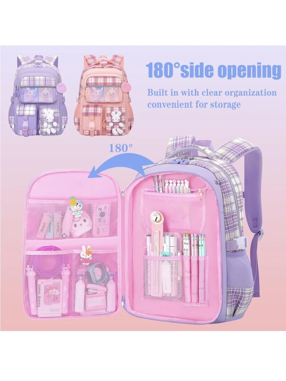 Kids Plaid School Backpack with Bunny Charm-Girls Bunny Backpack with lunchbox